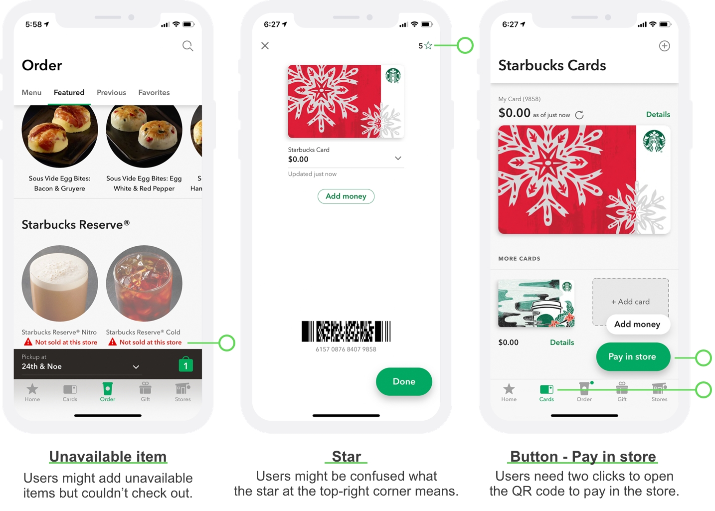 The left screen shows unavailable items; The middle screen shows an ambiguous star icon; The right screen shows two buttons away to open the QR code.