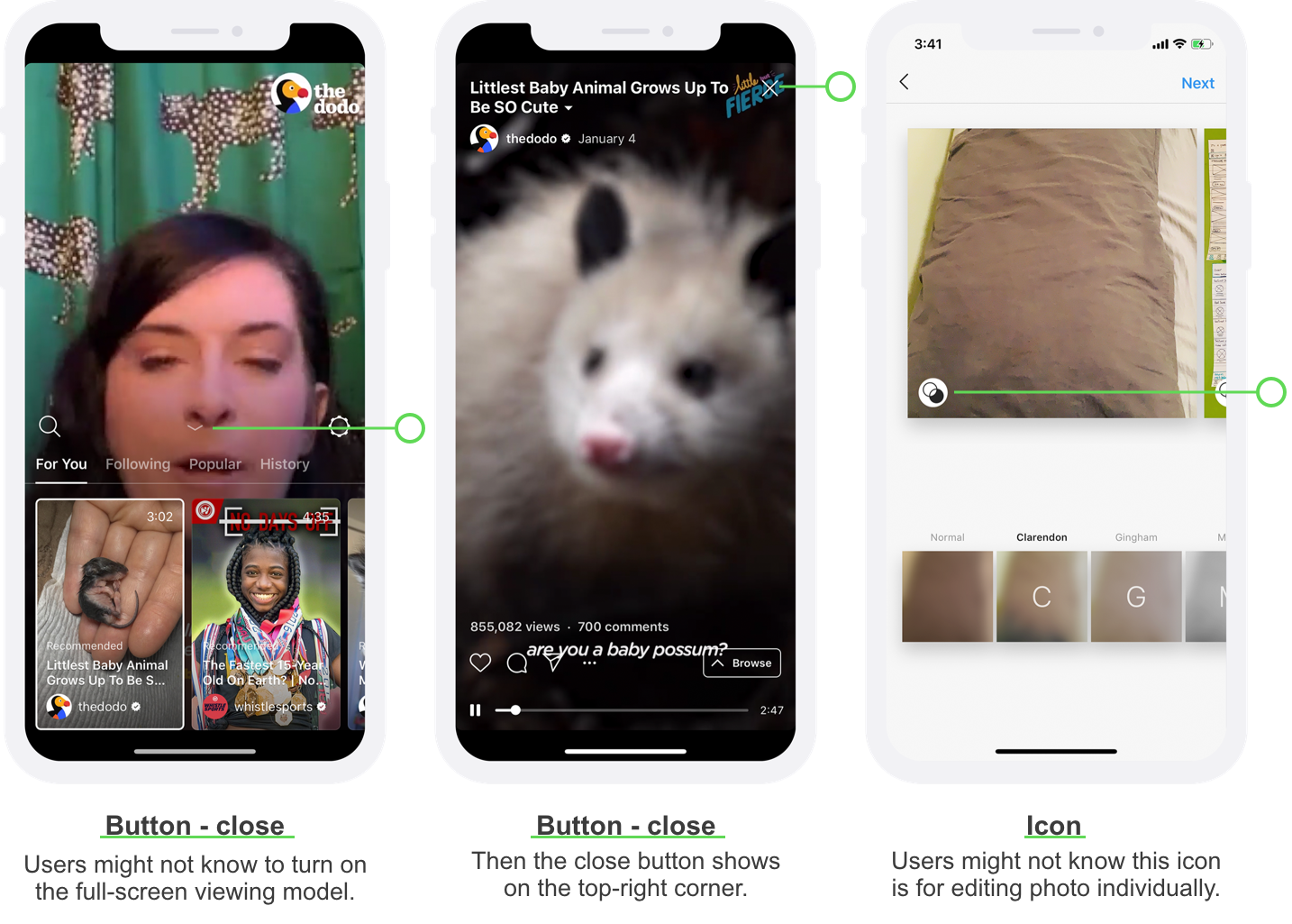 The left screen shows an unclear button for closing a video; The middle screen shows a closing icon shows at the top-right corner; The right screen shows an unclear icon for editing an individual photo.