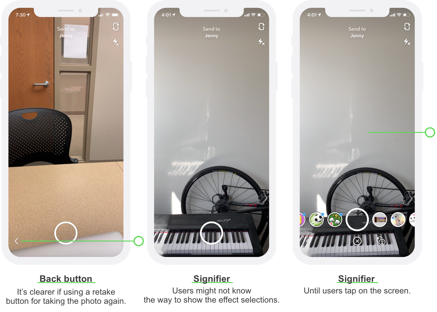 The left screen shows a back button at the bottom-left corner; The middle screen shows no signifier to tell users the way to use effects on photos or videos; The right screen shows the effect options after users click anywhere on the screen.