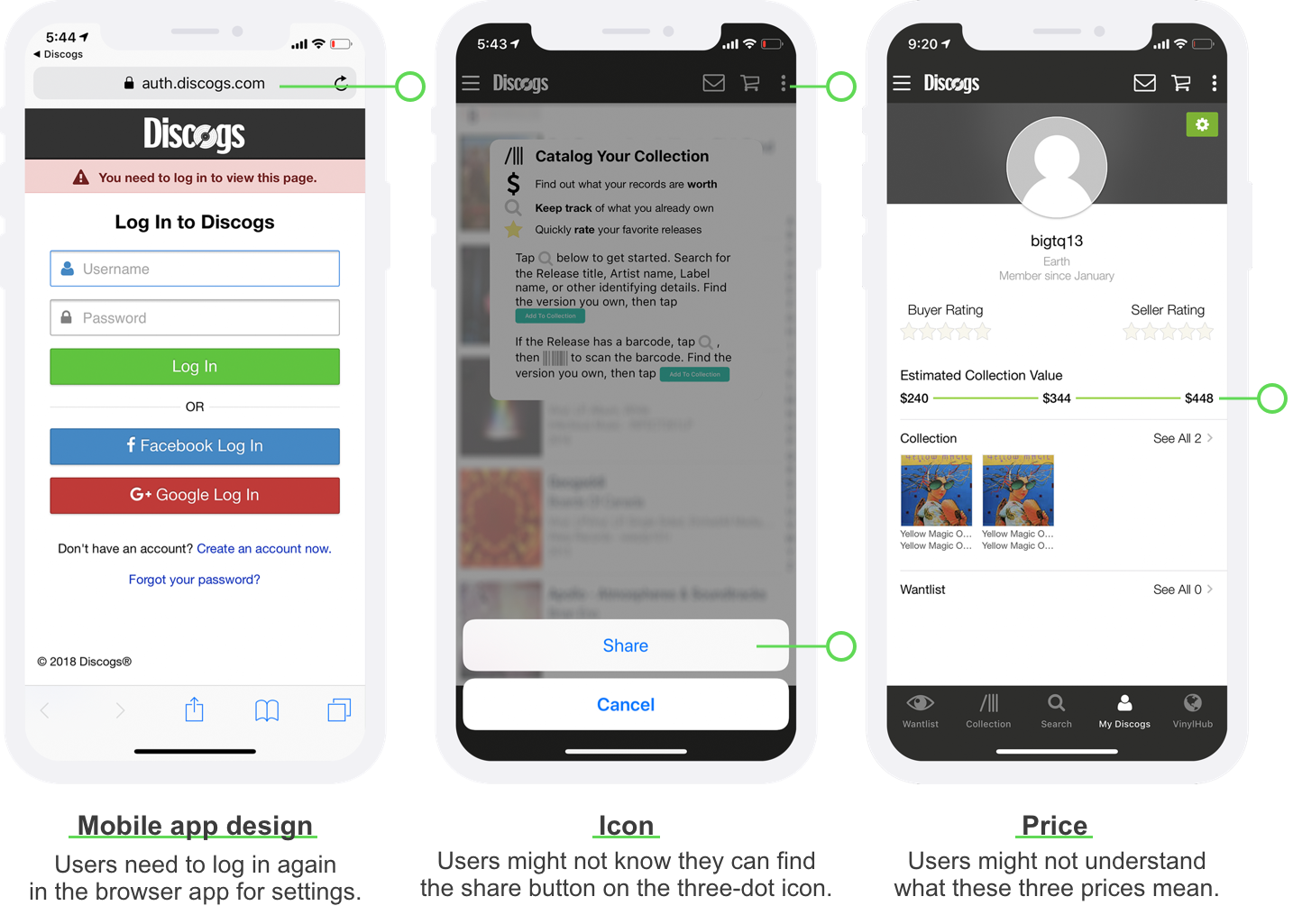 The left screen shows a browser app to ask users to log in again for setting on mobile version; The middle screen shows a three-dot icon for the sharing feature; The right screen shows three prices for estimated collection value.