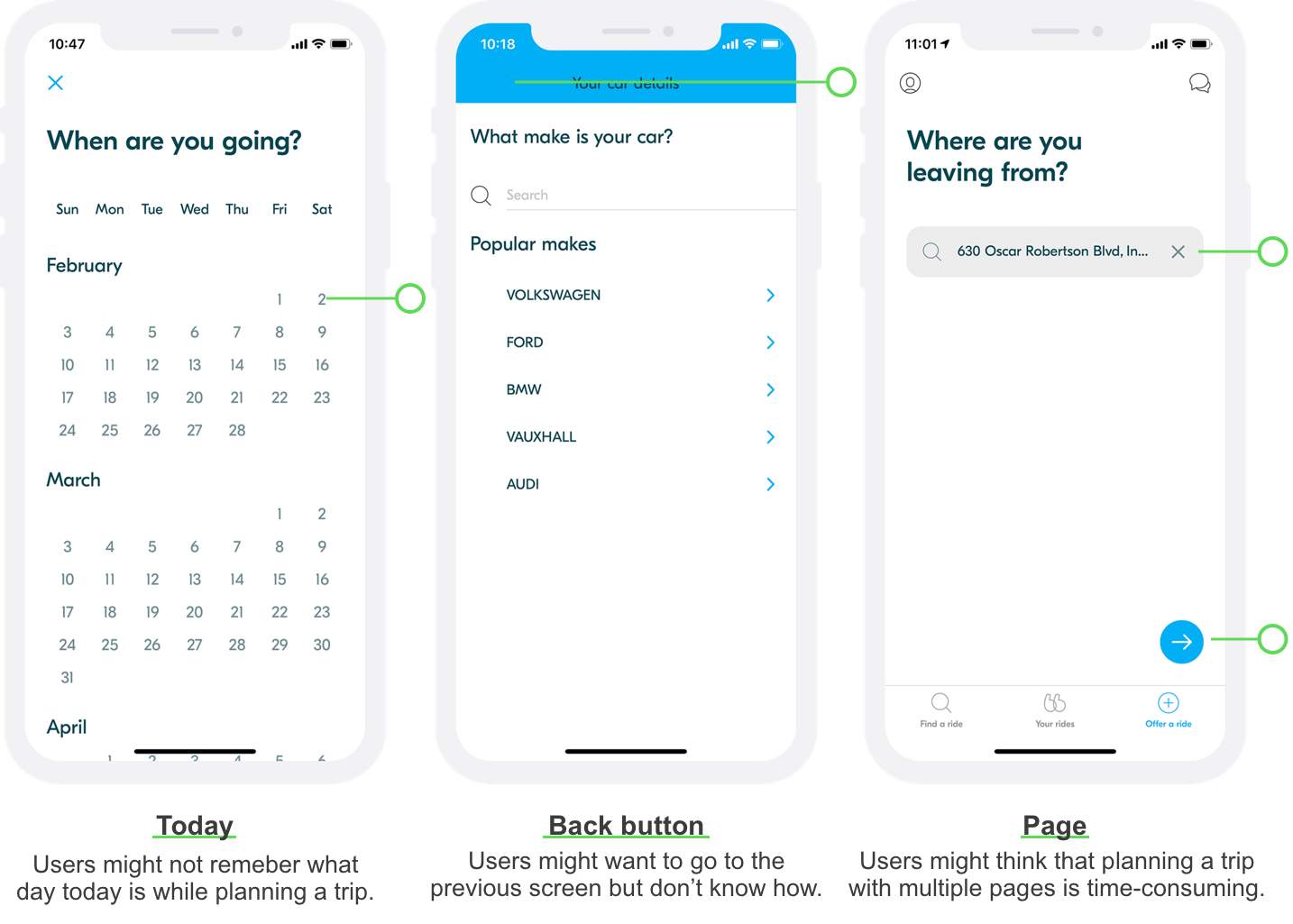 The left screen shows a calendar without marking today; The middle screen shows a screen without a back or cancel button; The right screen shows the leaving location and a next button.