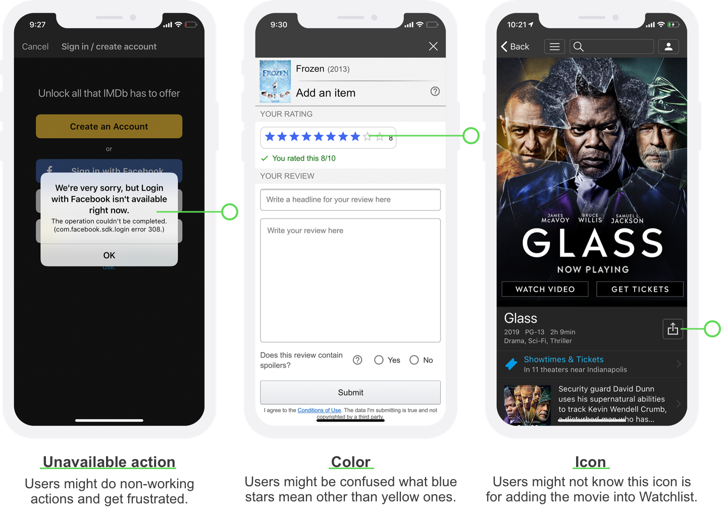 The left screen shows an unavailable Facebook login button; The middle screen shows blue stars for ratings; The right screen shows a share icon for multiple functions.