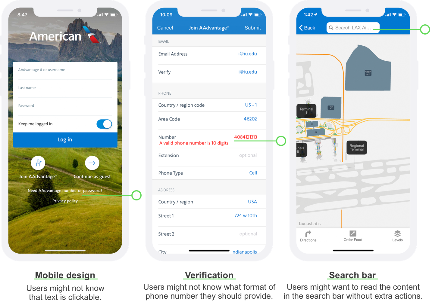 The left screen shows using text as buttons; The middle screen shows an error message for the phone number field; The right screen shows a short search bar followed by an empty space.