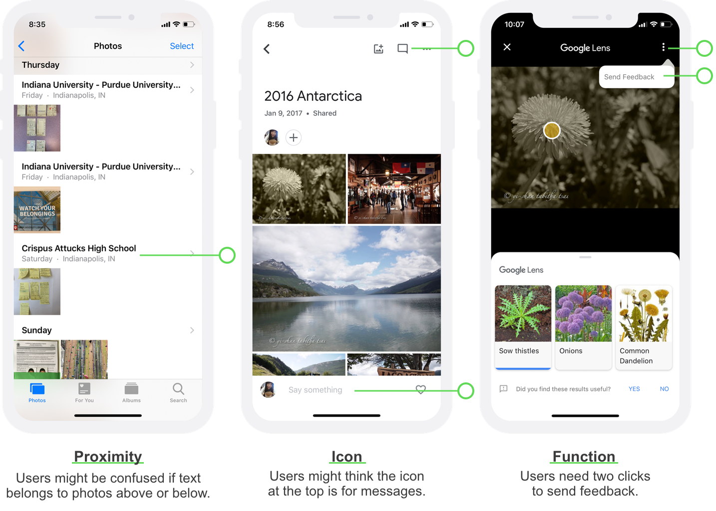 The left screen shows information in between two sets of photos; The middle screen shows a looking-like message icon as the function of comments; The right screen shows one function in the selection menu.