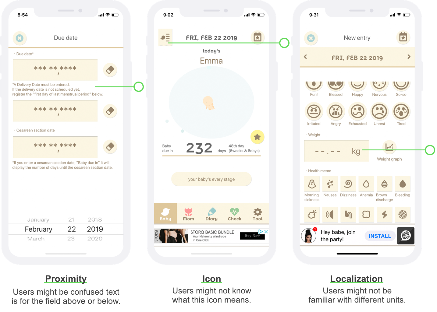The left screen shows text and fields are close to each other; The middle screen shows a misleading icon for switching to other baby; The right screen shows kg as the scale for weights.
