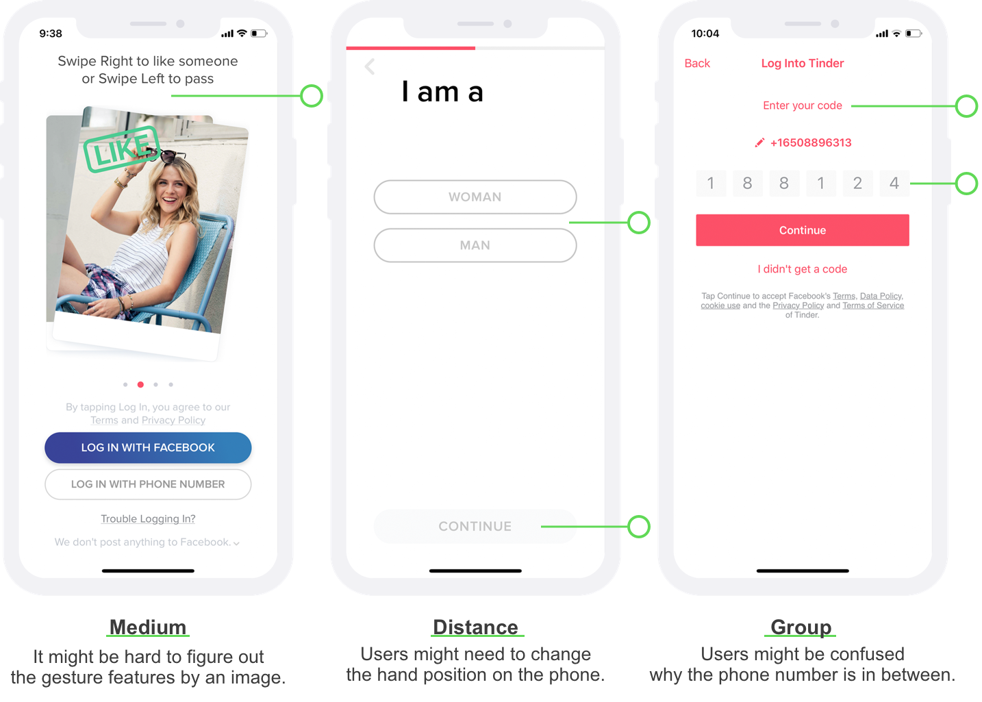 The left screen shows text and an image for teaching users how to use swiping features; The middle screen shows buttons far away to each other; The right screen shows the label and field are not next to each other.