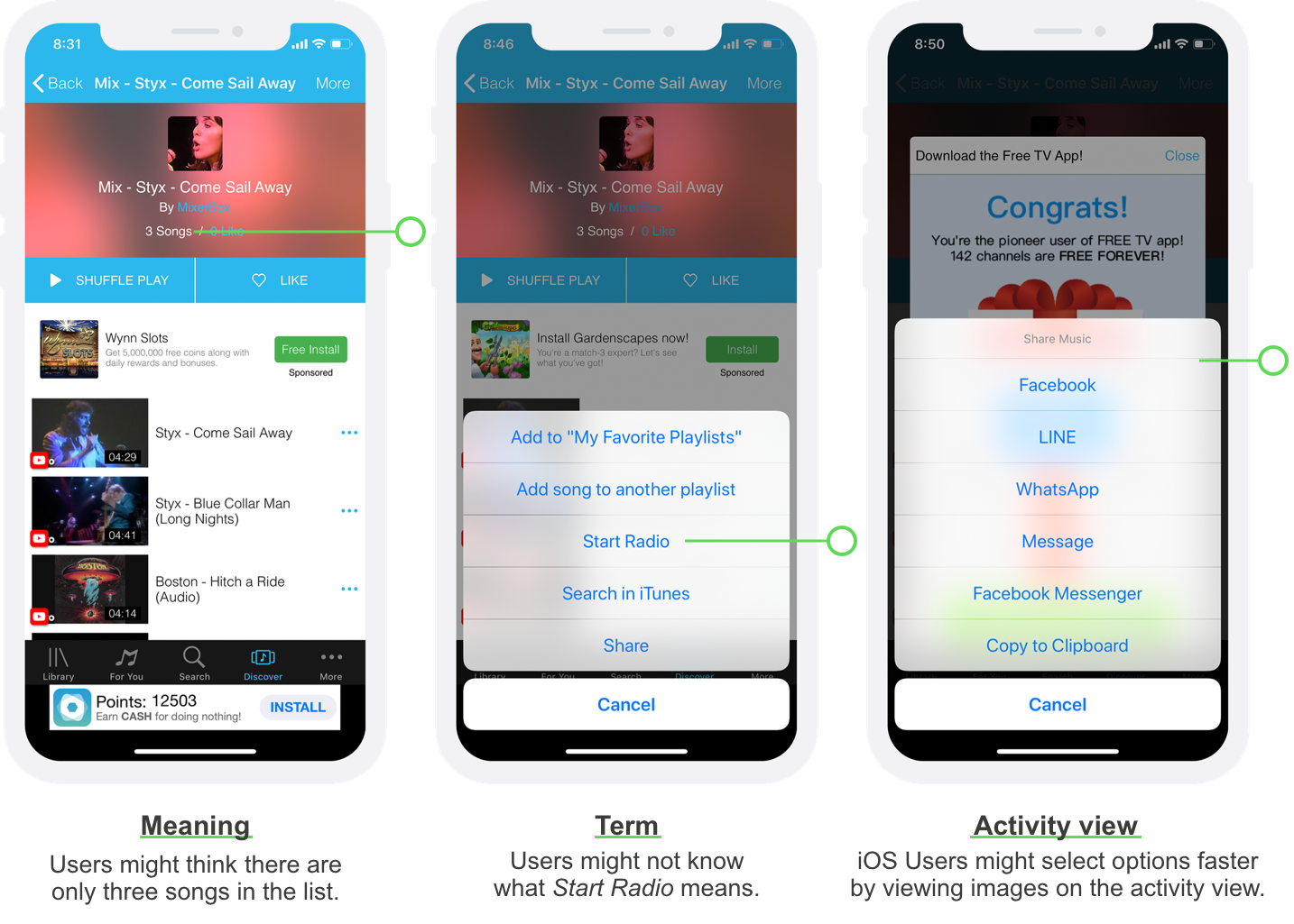 The left screen shows text three songs at the top but there are more than three songs in the search result; The middle screen shows a button - start radio; The right screen shows a list of sharing options on an action sheet.