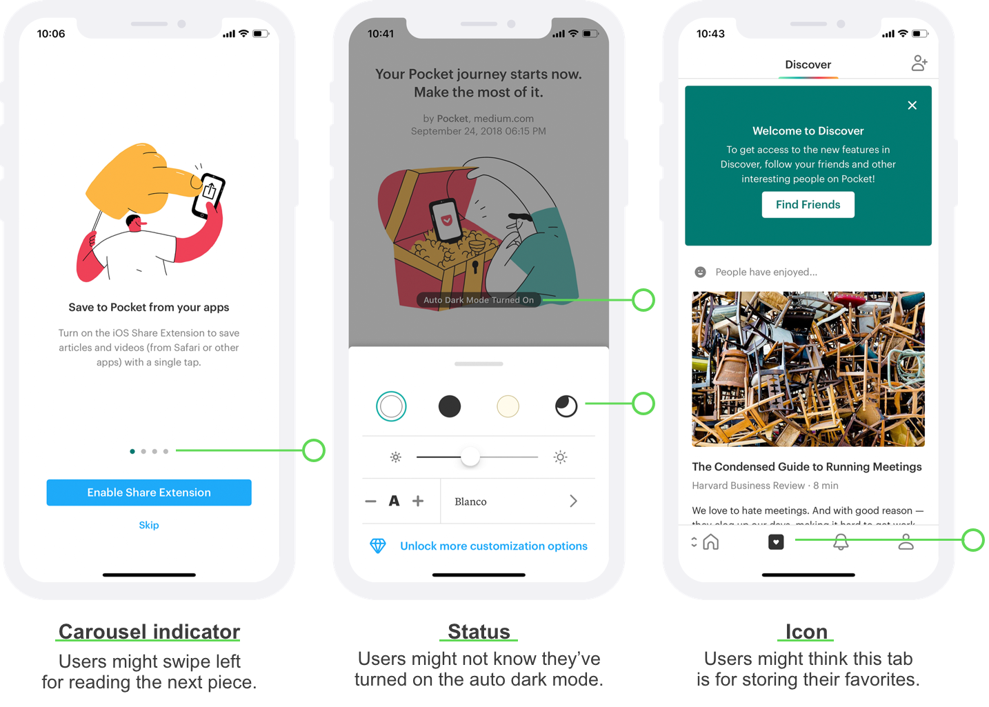 The left screen shows four carousel indicators under an image and onboarding text; The middle screen shows a circle icon doesn't change at all after I clicked on it; The right screen shows an icon with a heart inside at the tab bar.