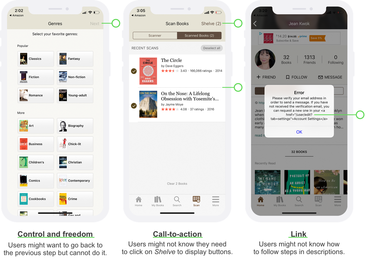 The left screen shows a list of genres with a disabled next button; The middle screen shows two items checked without any actions displayed; The right screen shows a hyperlink code in the alert.