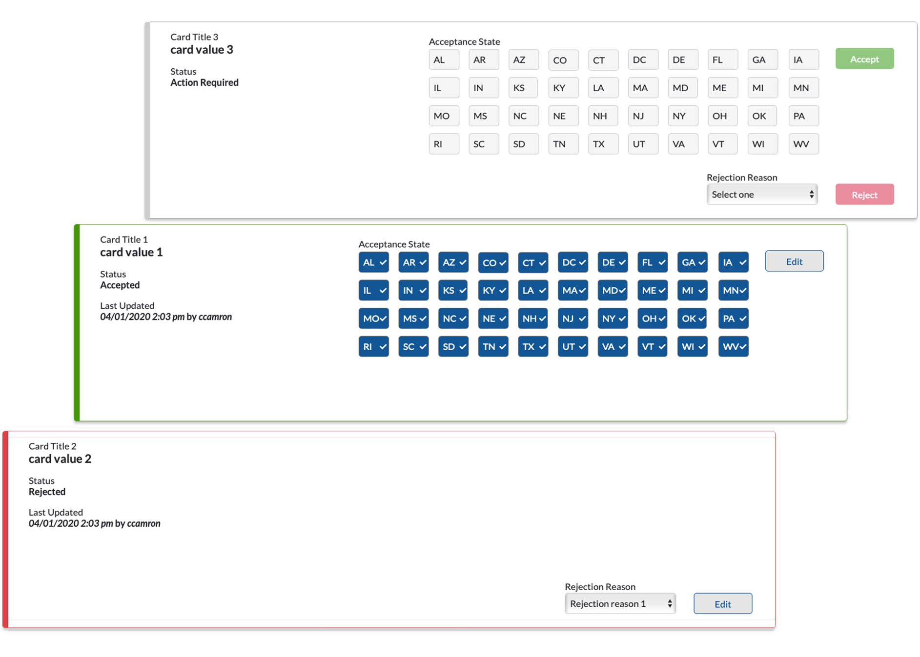 a photo of three cards: default with grey; accept with green; reject with red