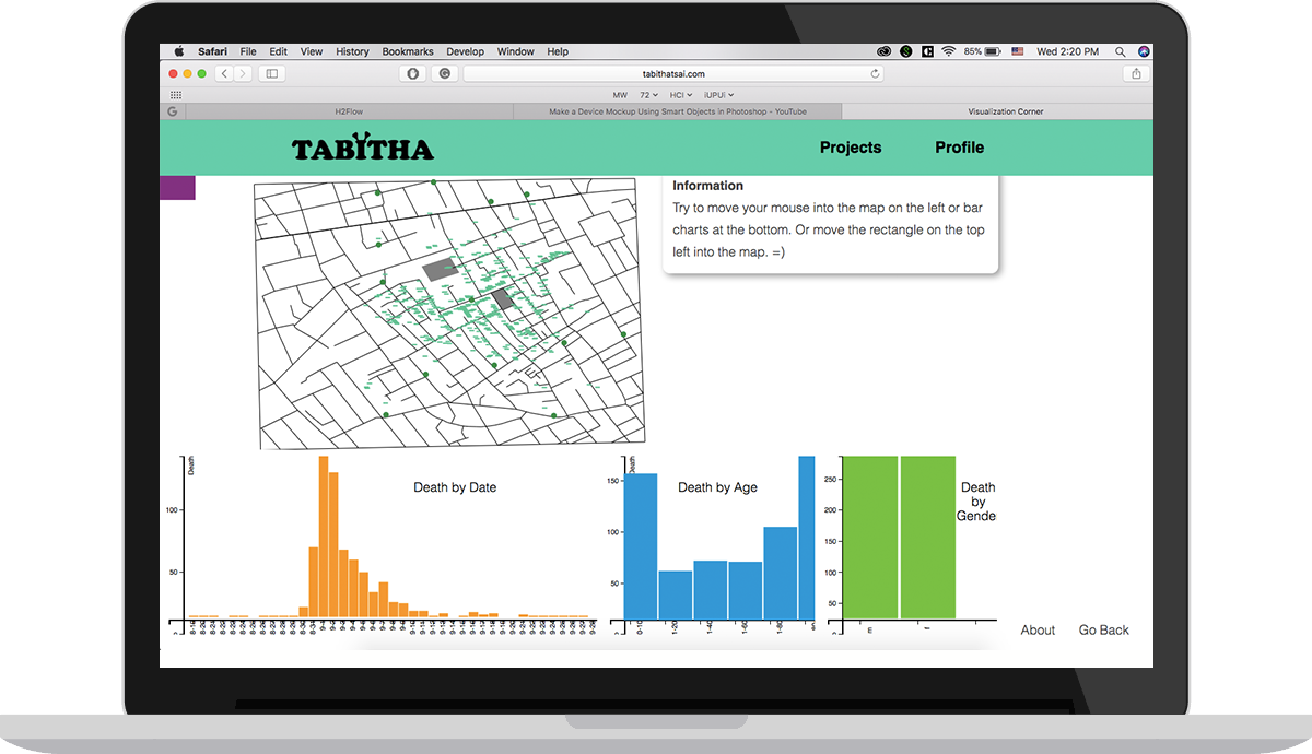 the screen of this visualization tool, including a map, three bar charts and a information board at the top-right corner