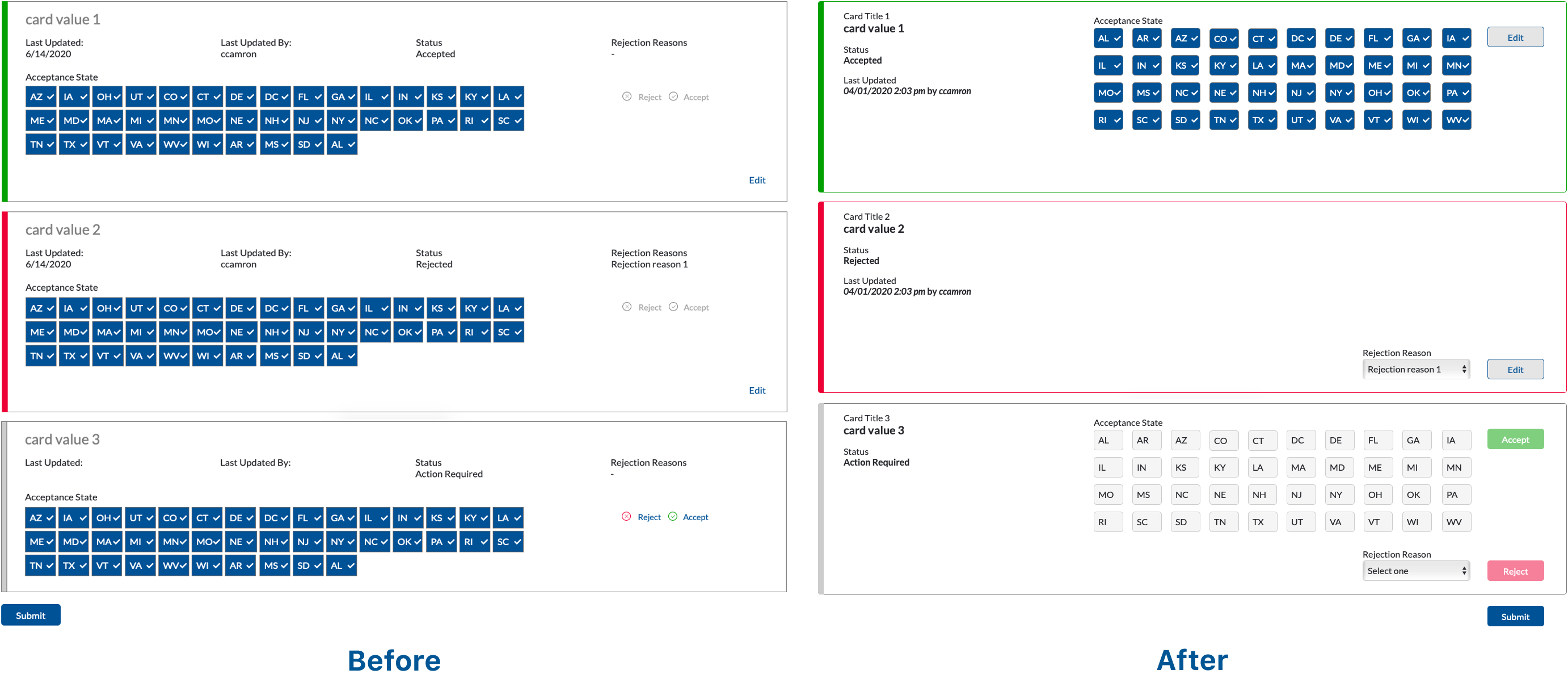 the previous card design on the left; the new card design on the right.