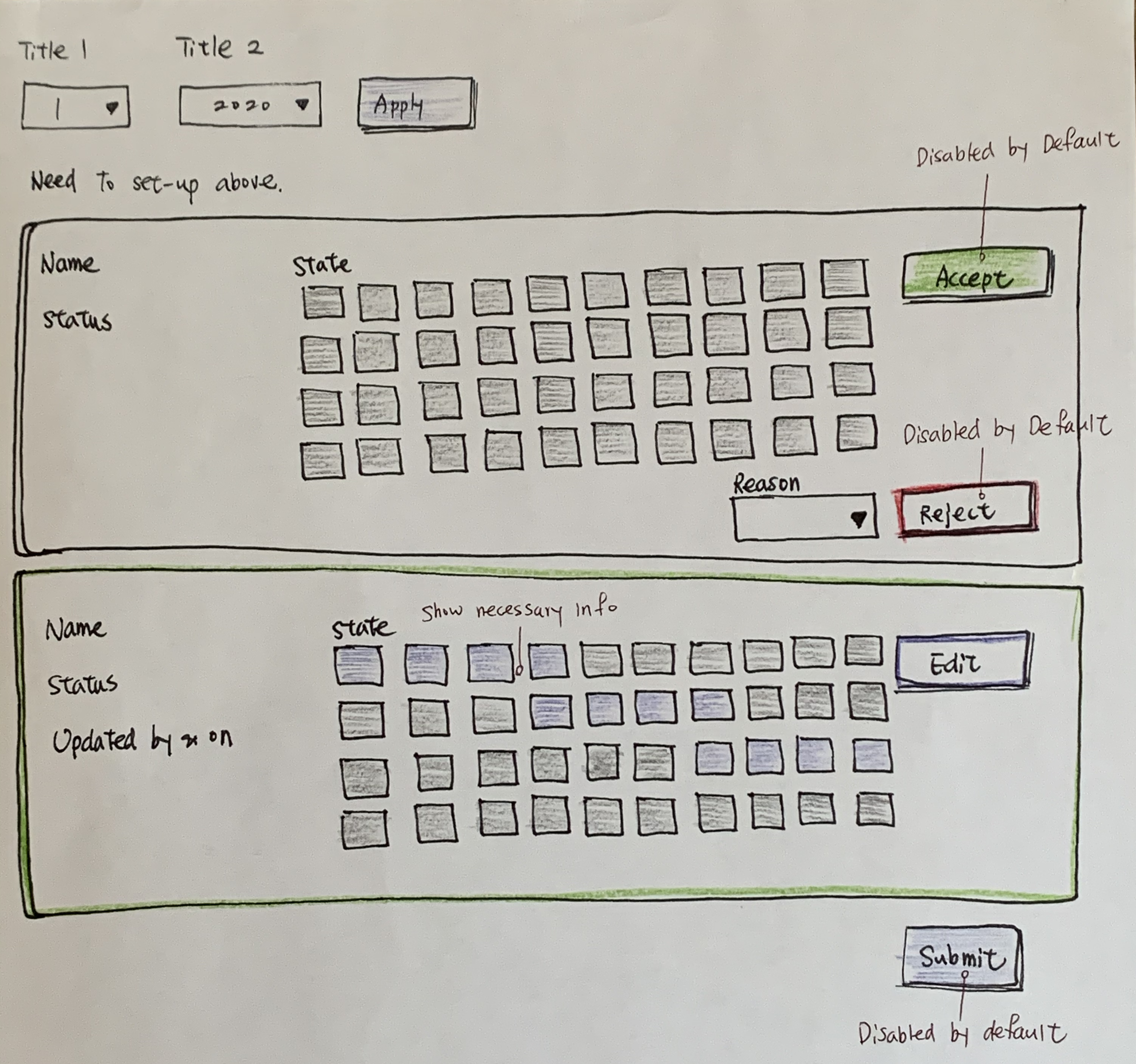 A hand drawing with two cards; the top card has 40 grey rectangles showing the disabled state for states by default; the bottom card shows 12 blue rectangles chosen for the acceptance action.